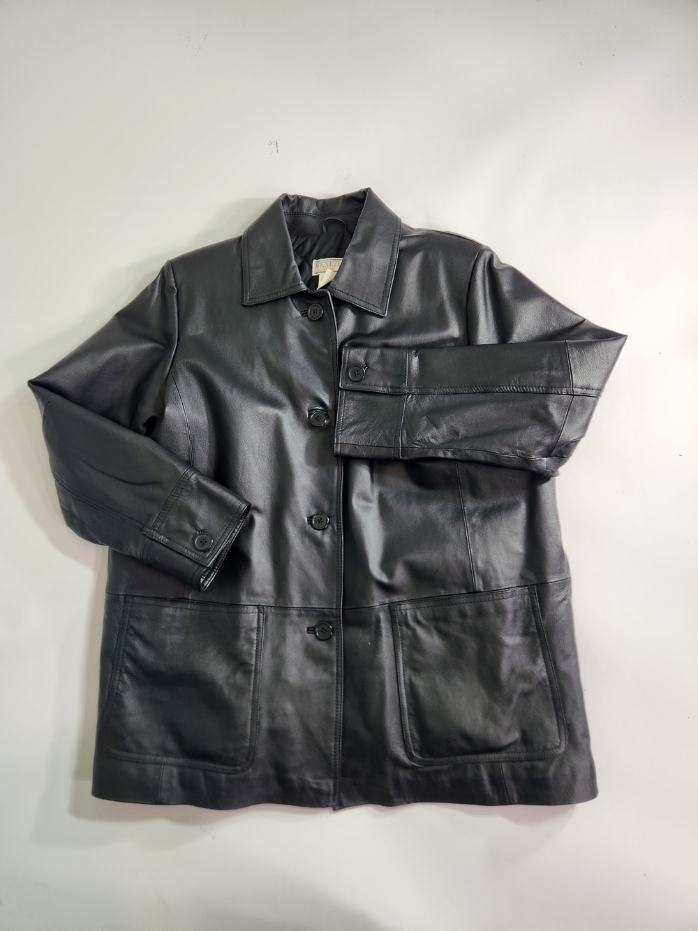 Venezia Vitale Womens Size 18W Black Leather Jacket Coat Button Front 1C